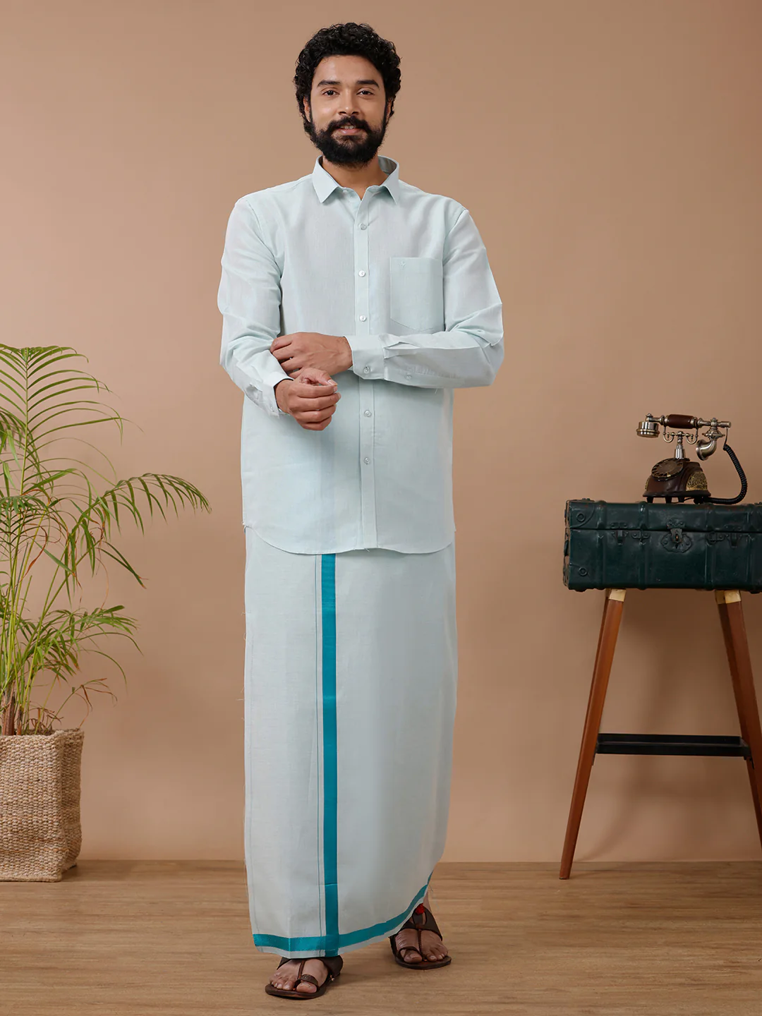 Couple Combo Shirt & Dhoti Set with Saree Ramar Green TS59 - Image 6