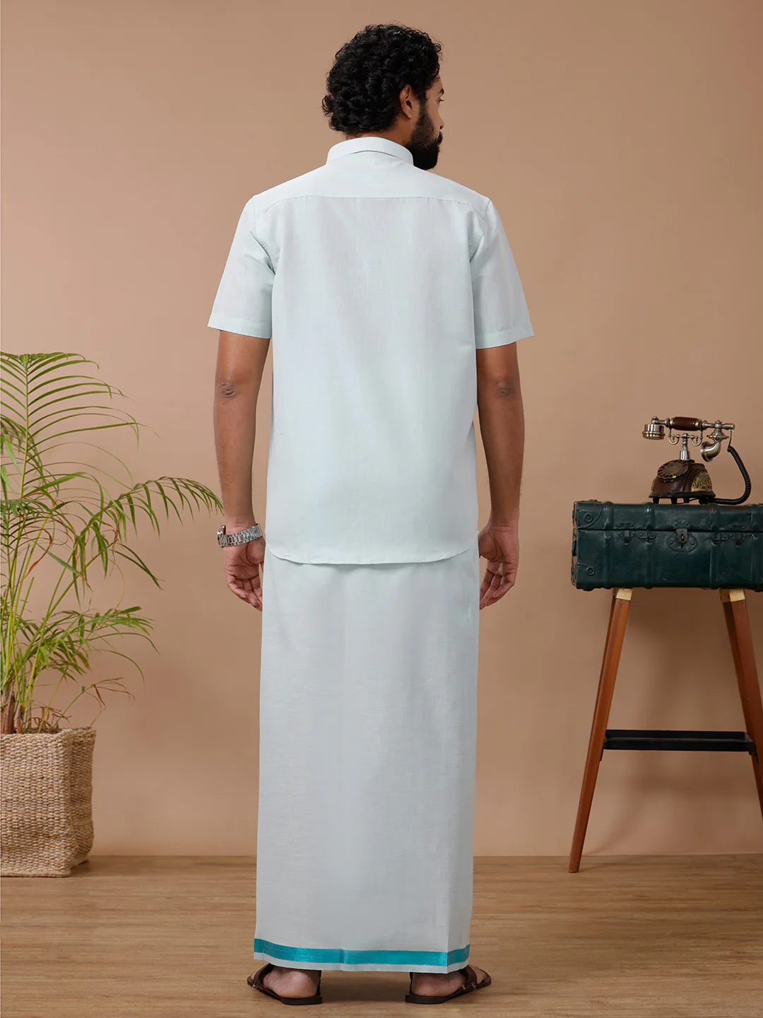 Couple Combo Shirt & Dhoti Set with Saree Ramar Green TS59 - Image 8
