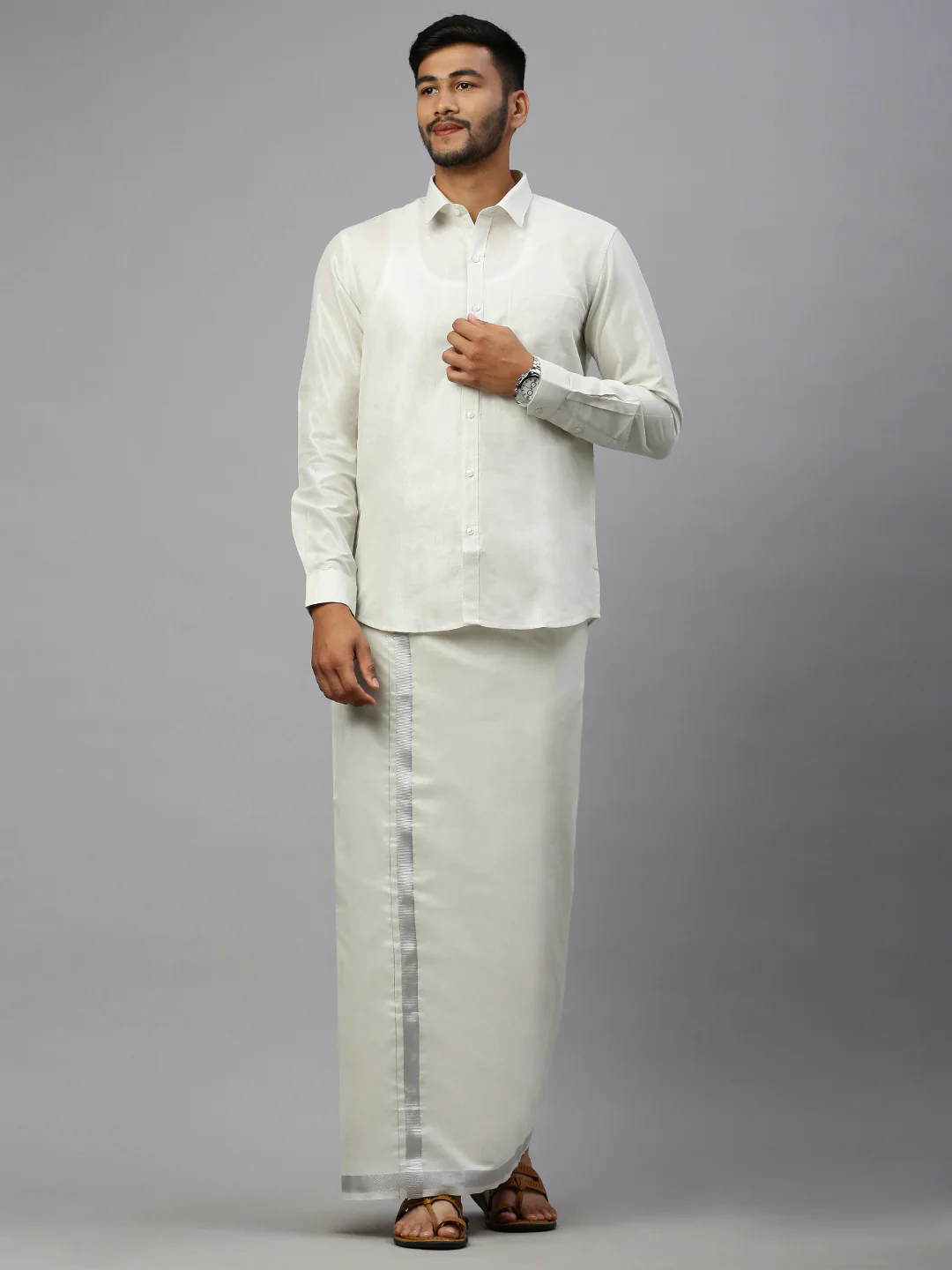 Couple Combo Shirt & Dhoti Set with Saree Silver TS55 - Image 2