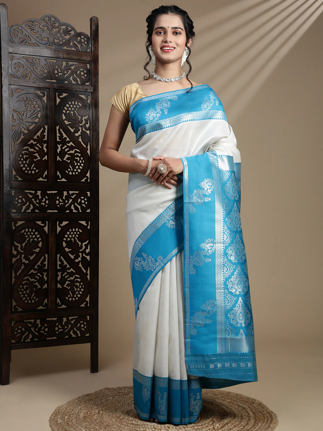 Couple Combo Shirt & Dhoti Set with Saree Silver TS55 - Image 3