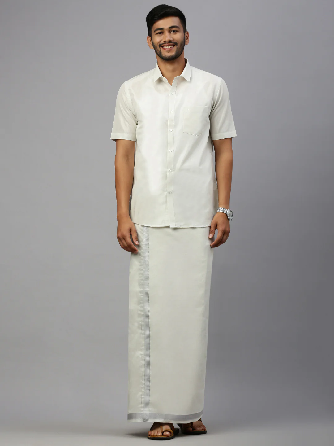 Couple Combo Shirt & Dhoti Set with Saree Silver TS55 - Image 4