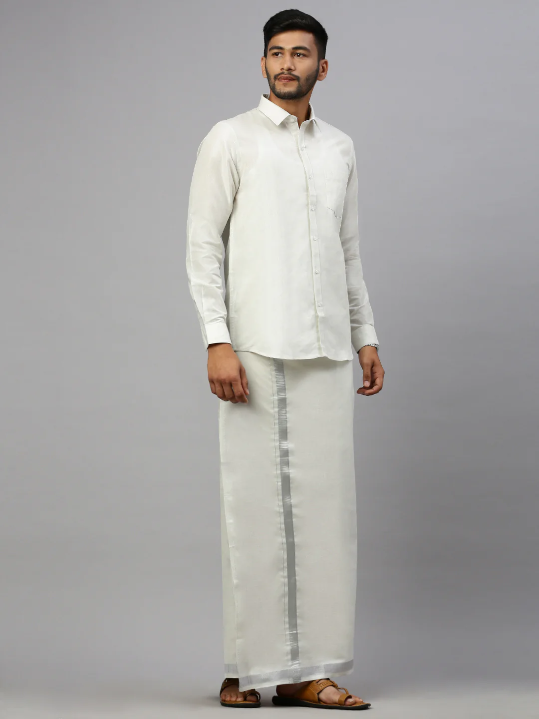 Couple Combo Shirt & Dhoti Set with Saree Silver TS55 - Image 8