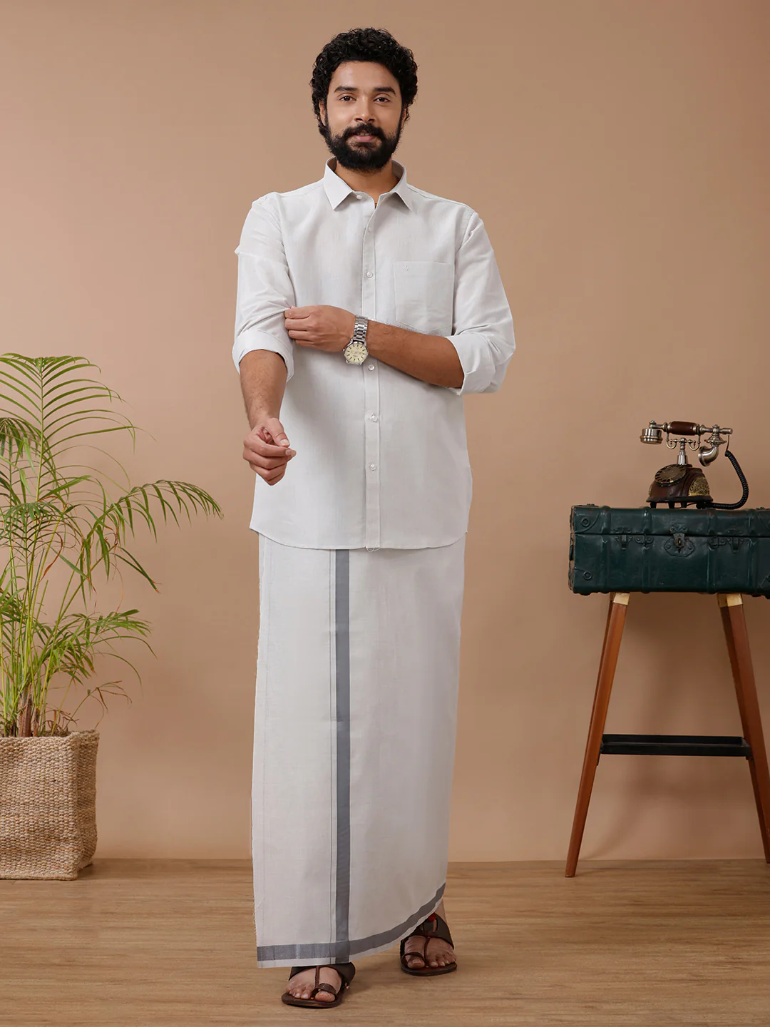 Couple Combo Shirt & Dhoti Set with Saree Steel Grey ASS126 - Image 3