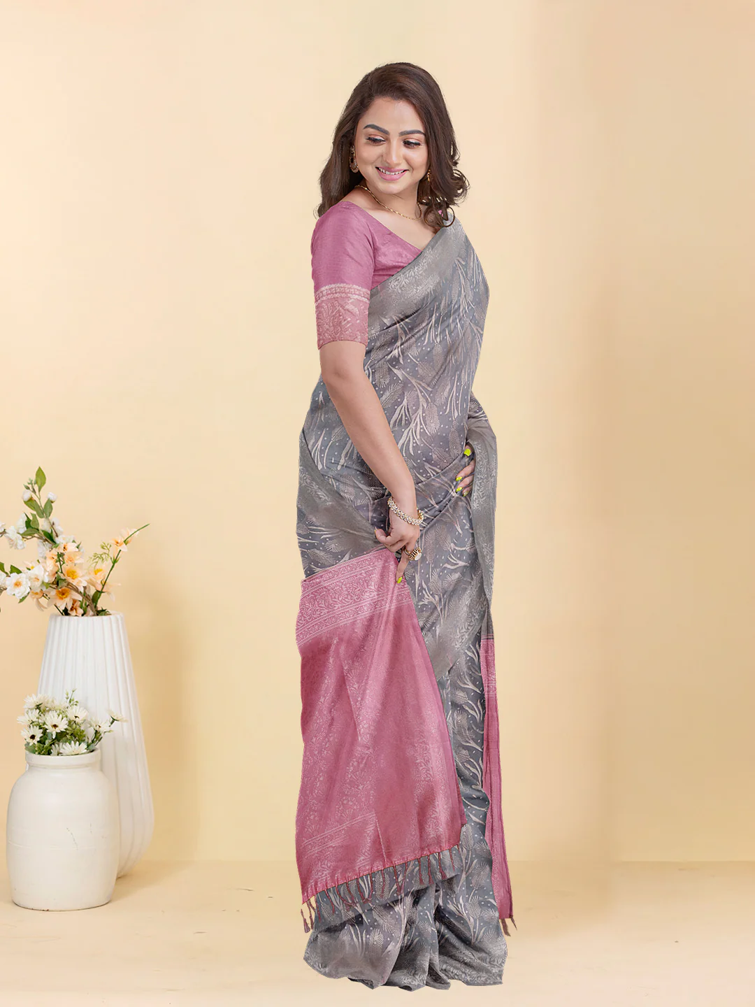 Couple Combo Shirt & Dhoti Set with Saree Steel Grey ASS126 - Image 4