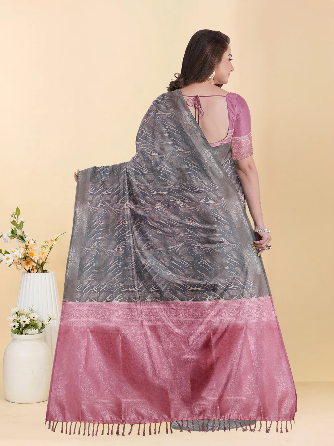 Couple Combo Shirt & Dhoti Set with Saree Steel Grey ASS126 - Image 6
