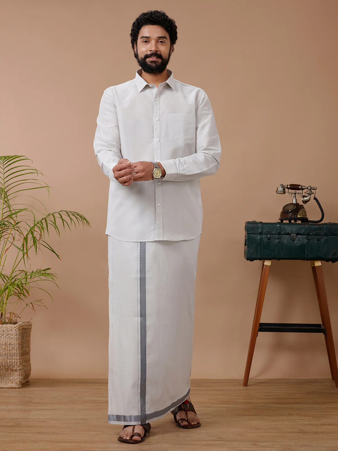 Couple Combo Shirt & Dhoti Set with Saree Steel Grey ASS126 - Image 7