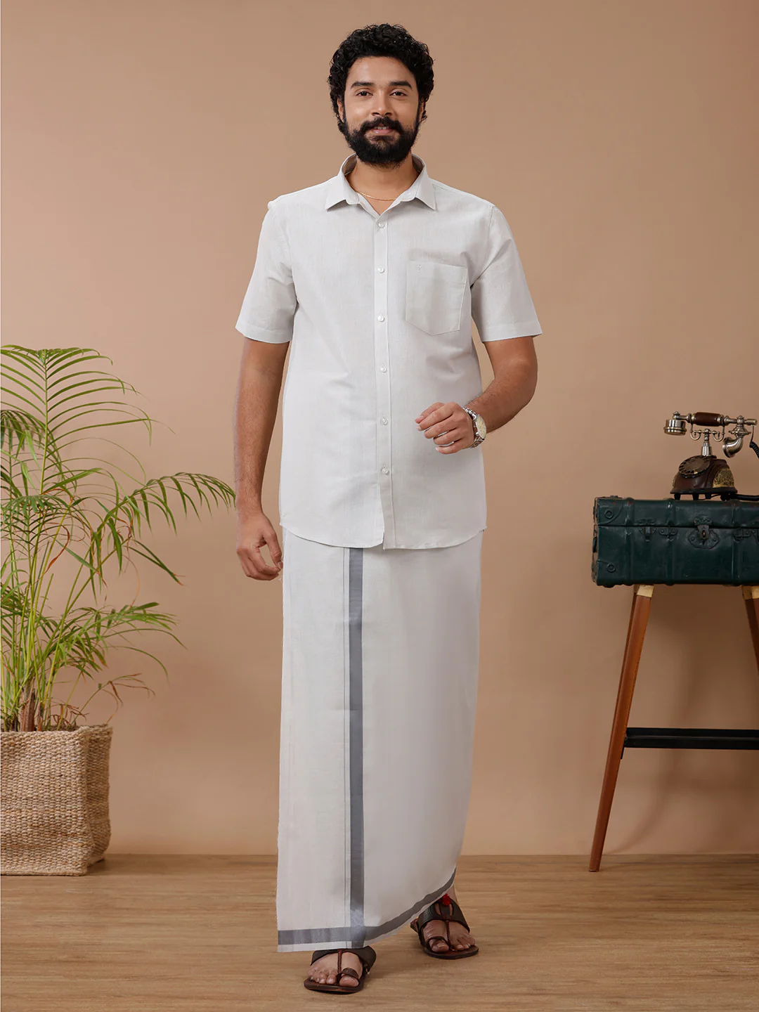 Couple Combo Shirt & Dhoti Set with Saree Steel Grey ASS126 - Image 9