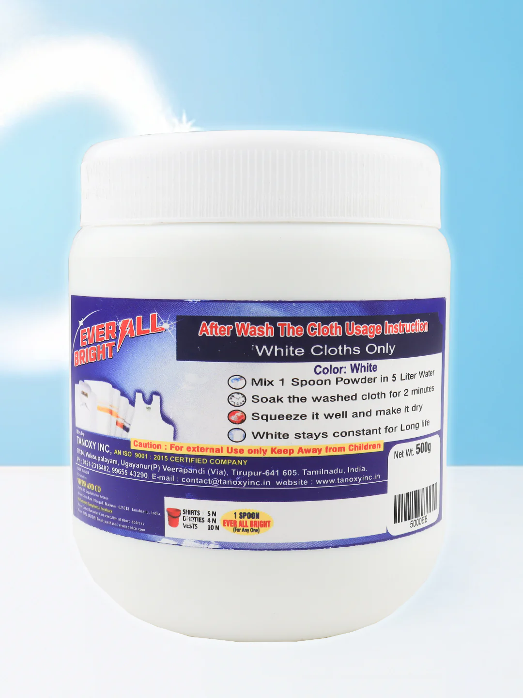 Fabric Whitener 500 gm Detergent Add On Powder Brighter Whites Powerful Stain Remover Removes Yellowness Chlorine Bleach Free Suitable with all Washing Detergent Powders and Liquids - Image 3