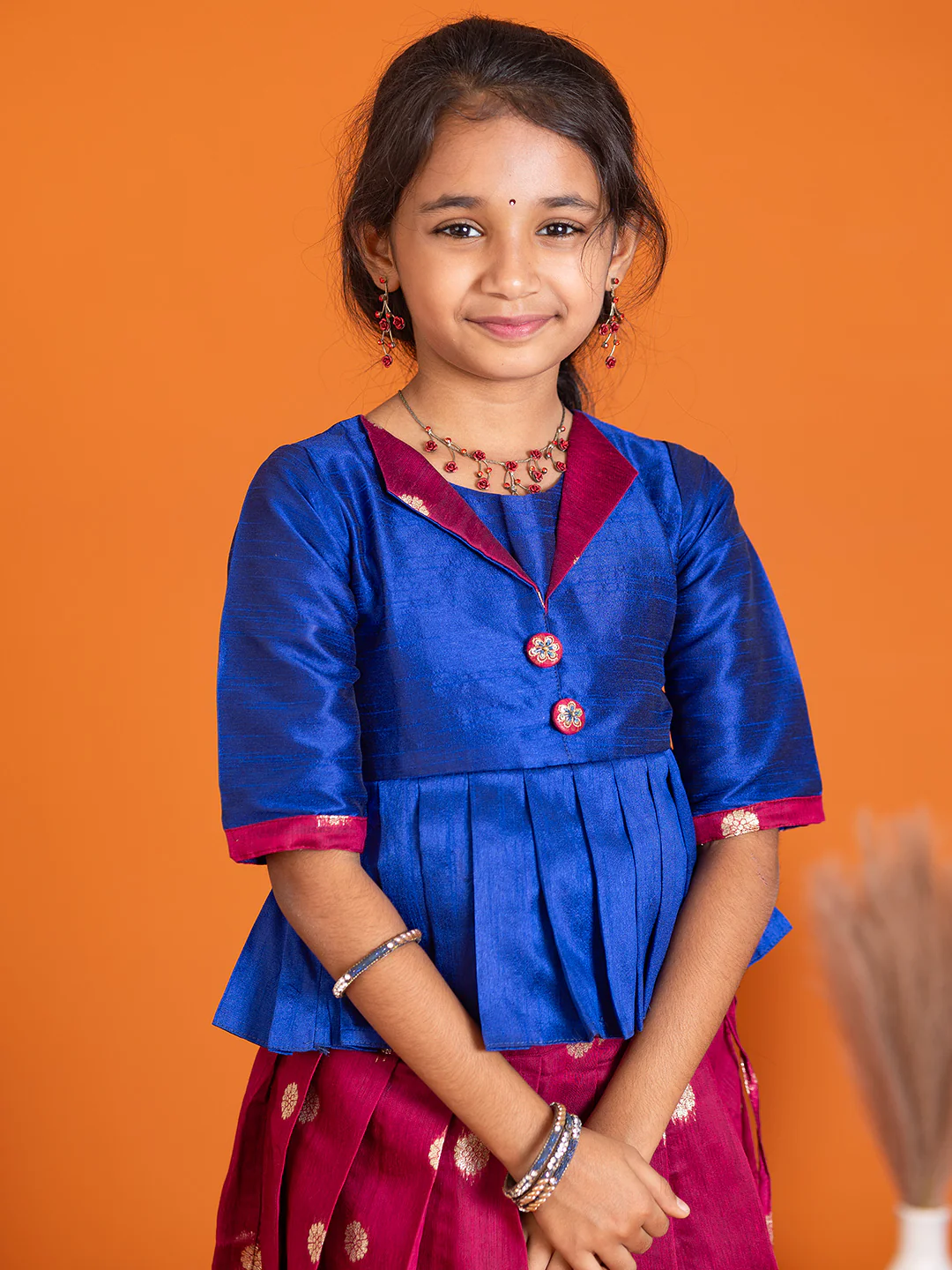 Girls Pattu Pavadai Set Blue with Majenta Traditional Ethnic Wear GPS35 - Image 2