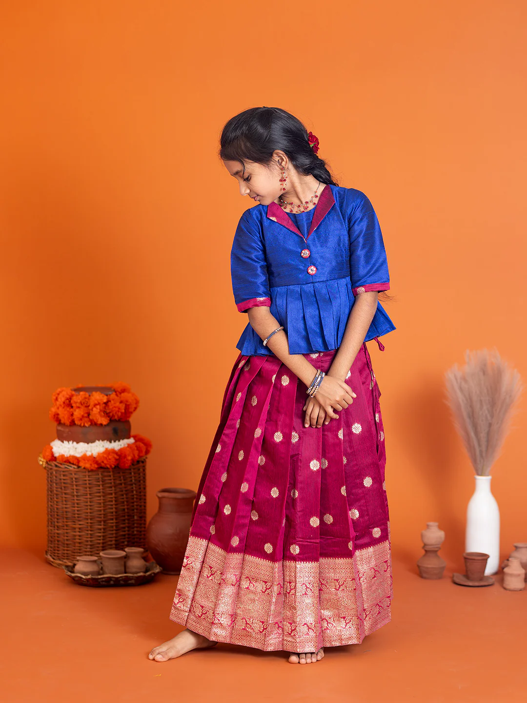 Girls Pattu Pavadai Set Blue with Majenta Traditional Ethnic Wear GPS35 - Image 3