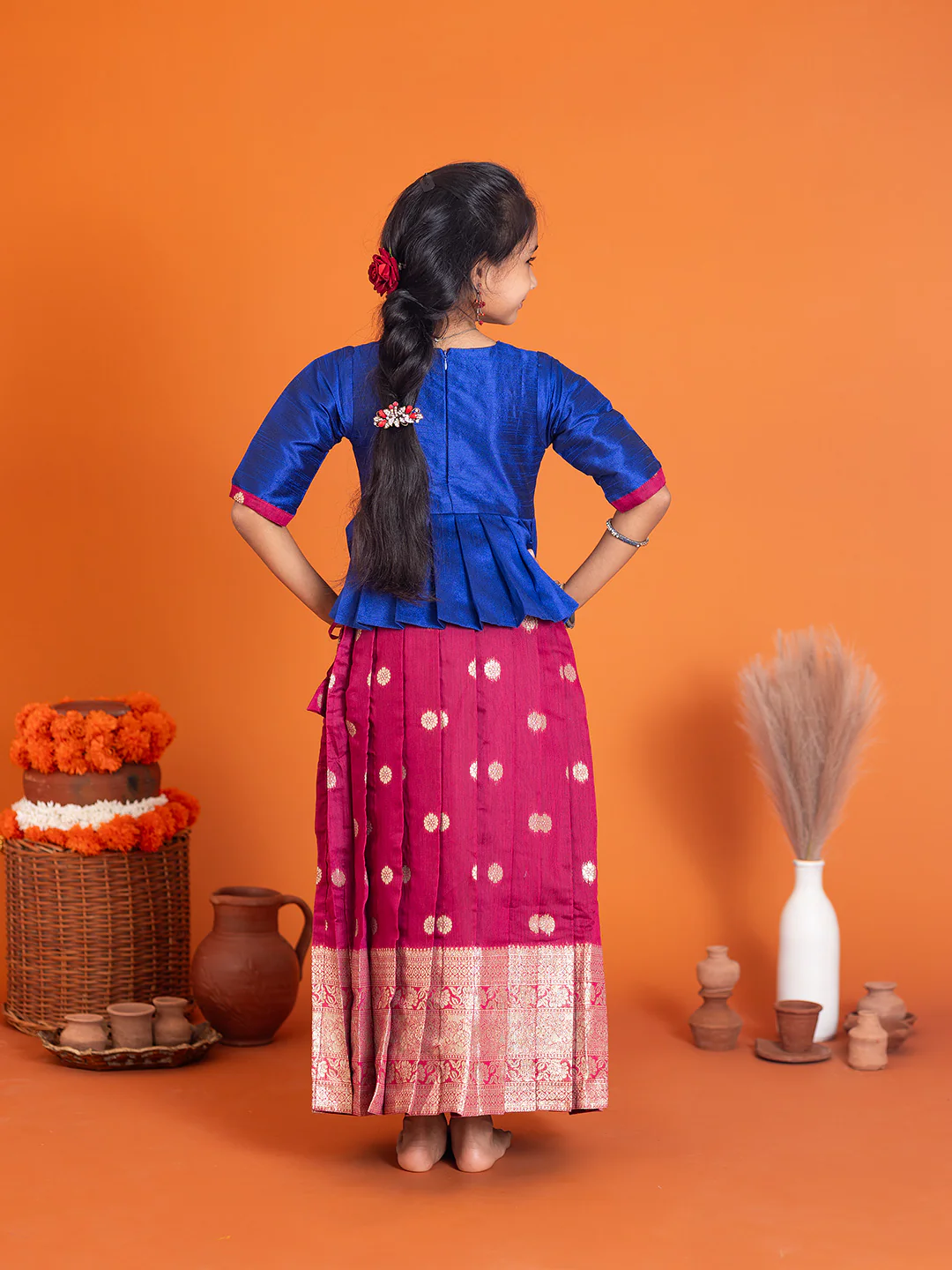 Girls Pattu Pavadai Set Blue with Majenta Traditional Ethnic Wear GPS35 - Image 4