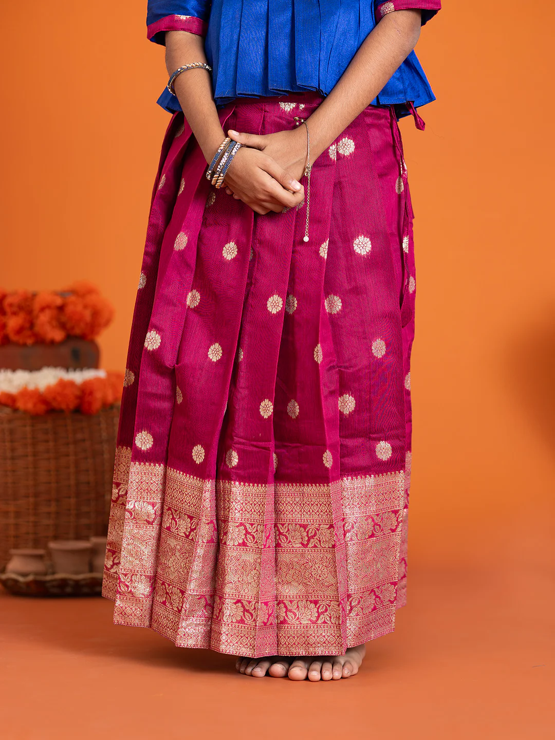 Girls Pattu Pavadai Set Blue with Majenta Traditional Ethnic Wear GPS35 - Image 5