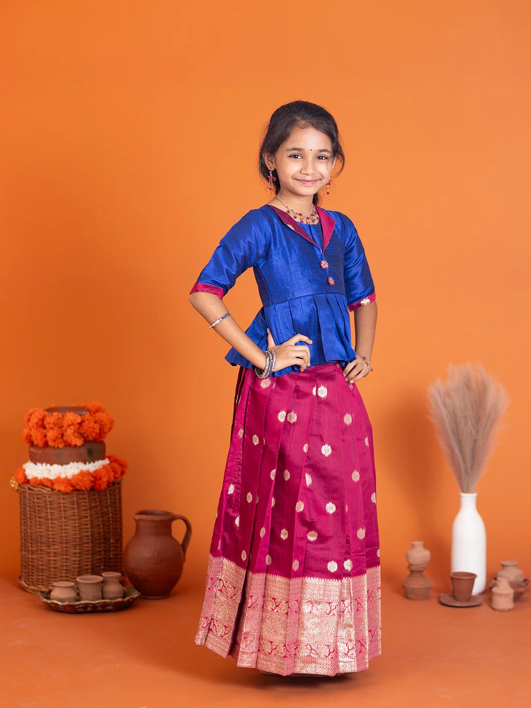 Girls Pattu Pavadai Set Blue with Majenta Traditional Ethnic Wear GPS35 - Image 6