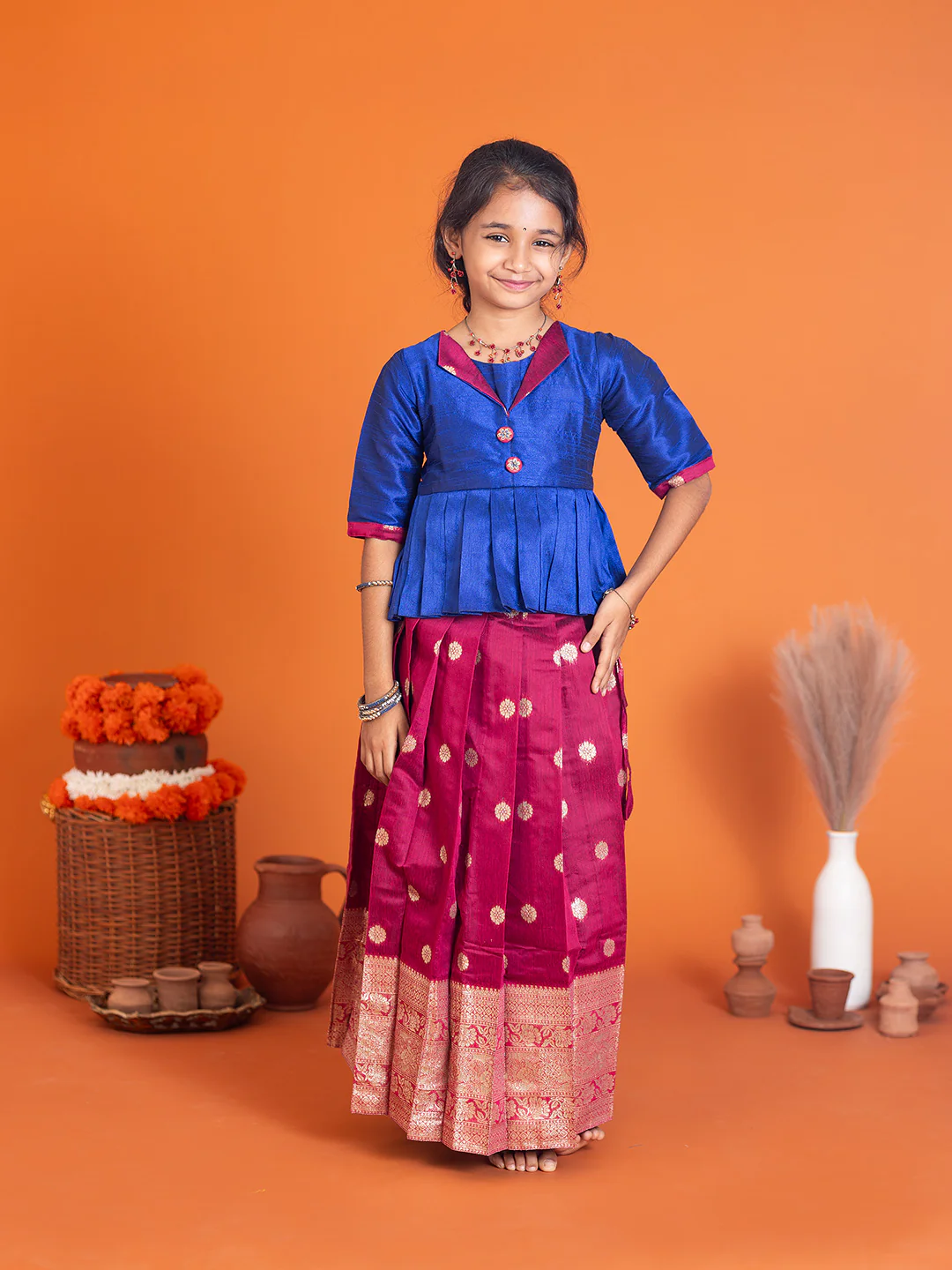 Girls Pattu Pavadai Set Blue with Majenta Traditional Ethnic Wear GPS35 - Image 7