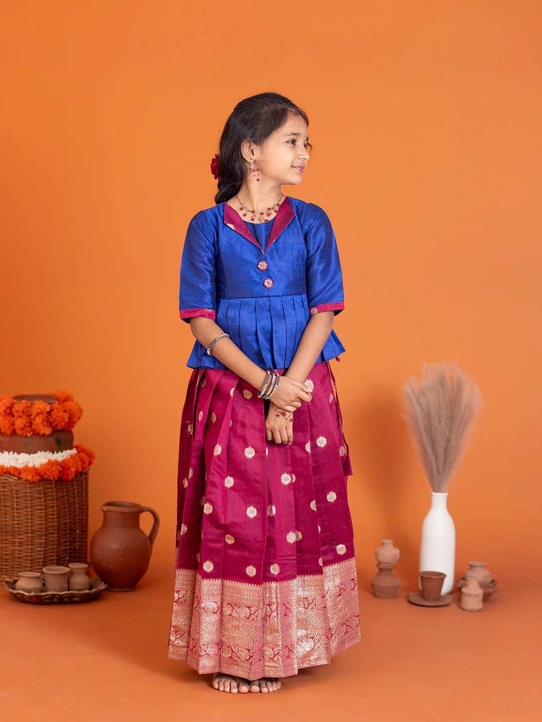 Girls Pattu Pavadai Set Blue with Majenta Traditional Ethnic Wear GPS35 - Image 8