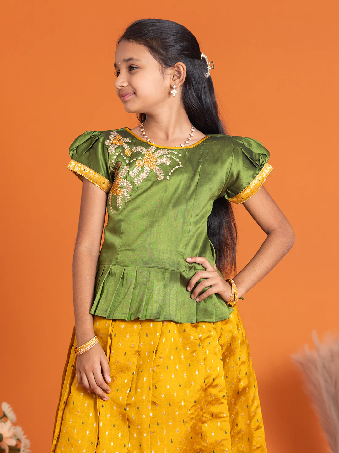 Girls Pattu Pavadai Set Green with Gold Traditional Ethnic Wear GPS28 - Image 2