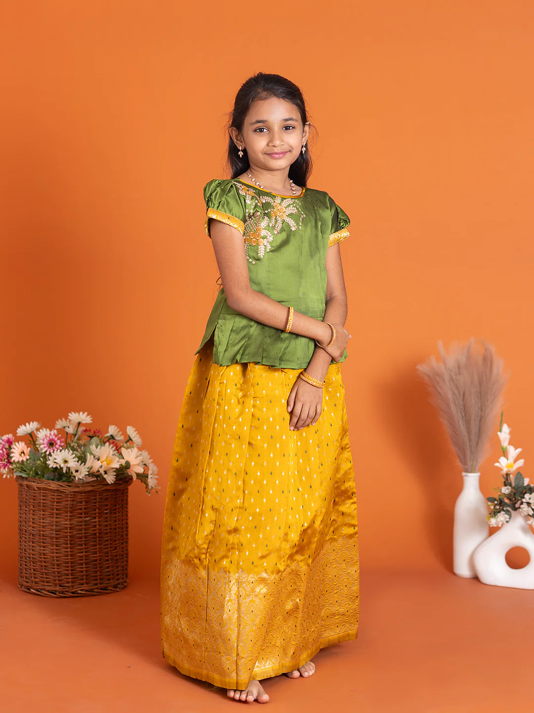 Girls Pattu Pavadai Set Green with Gold Traditional Ethnic Wear GPS28 - Image 3