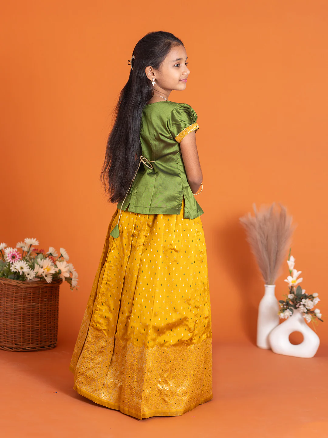 Girls Pattu Pavadai Set Green with Gold Traditional Ethnic Wear GPS28 - Image 4