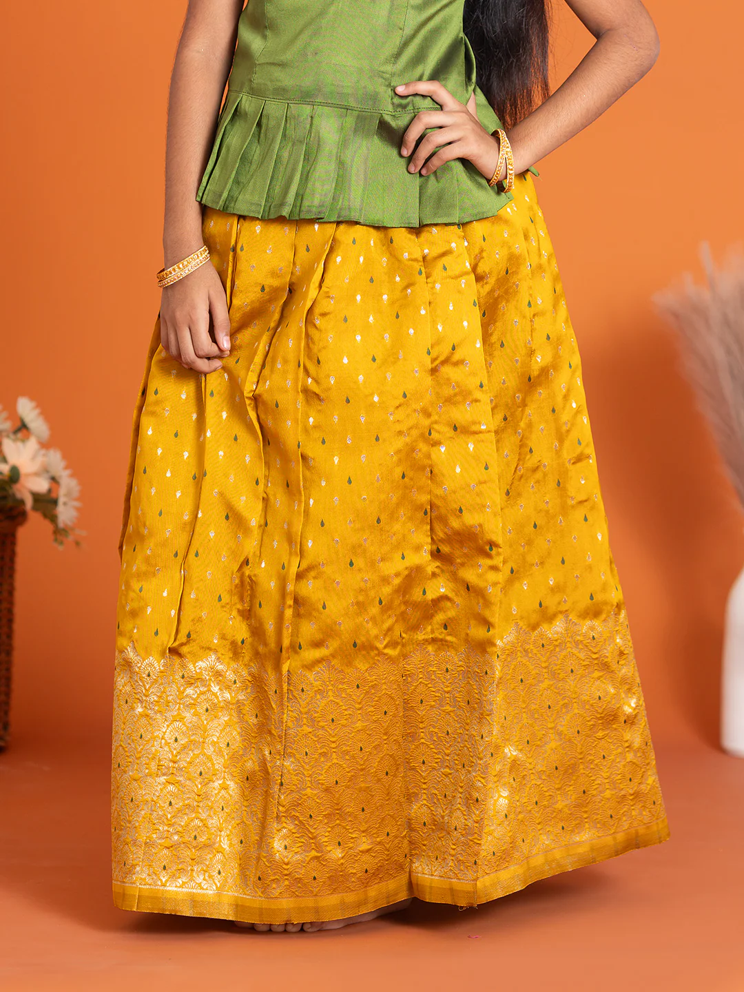 Girls Pattu Pavadai Set Green with Gold Traditional Ethnic Wear GPS28 - Image 5