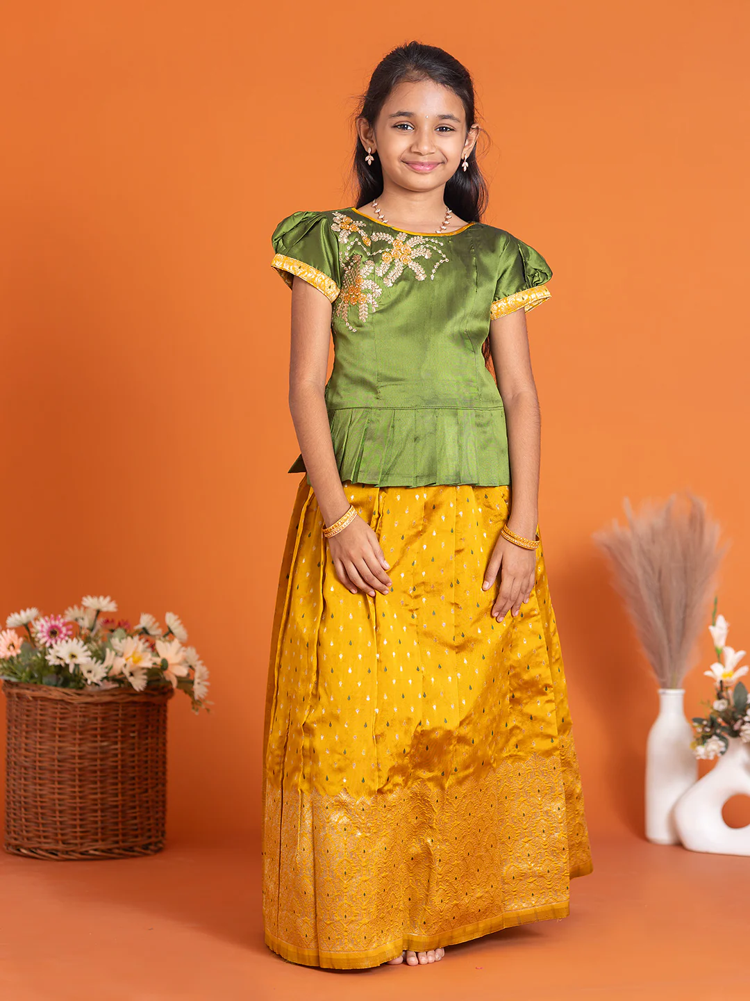 Girls Pattu Pavadai Set Green with Gold Traditional Ethnic Wear GPS28 - Image 6