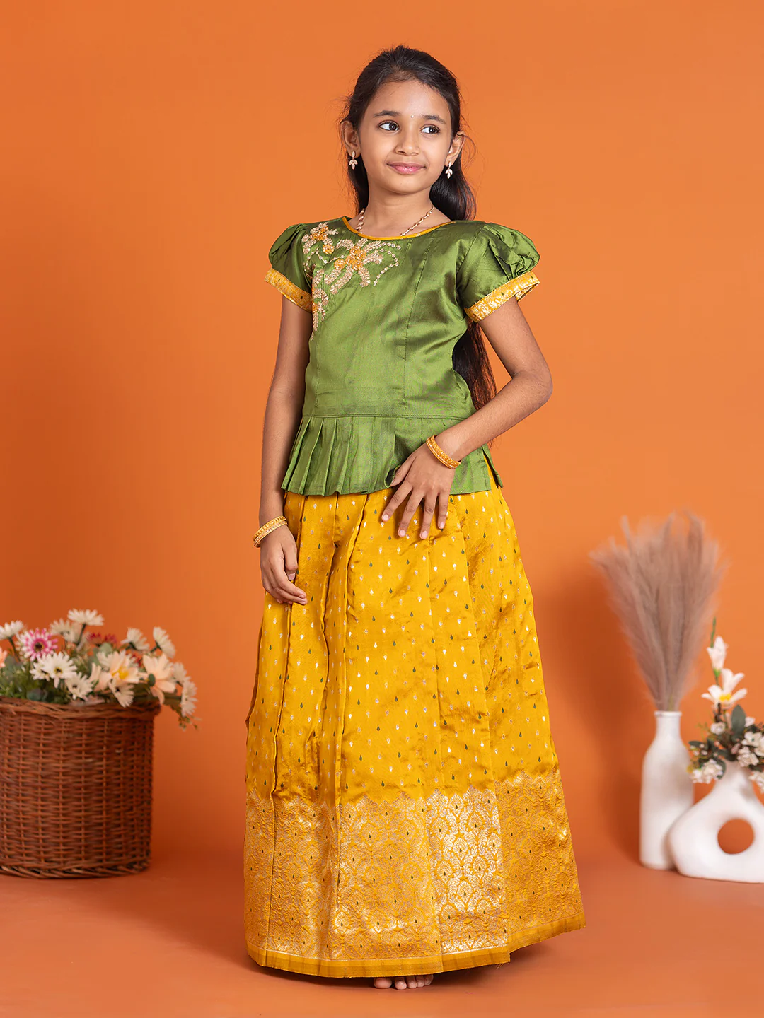 Girls Pattu Pavadai Set Green with Gold Traditional Ethnic Wear GPS28 - Image 7