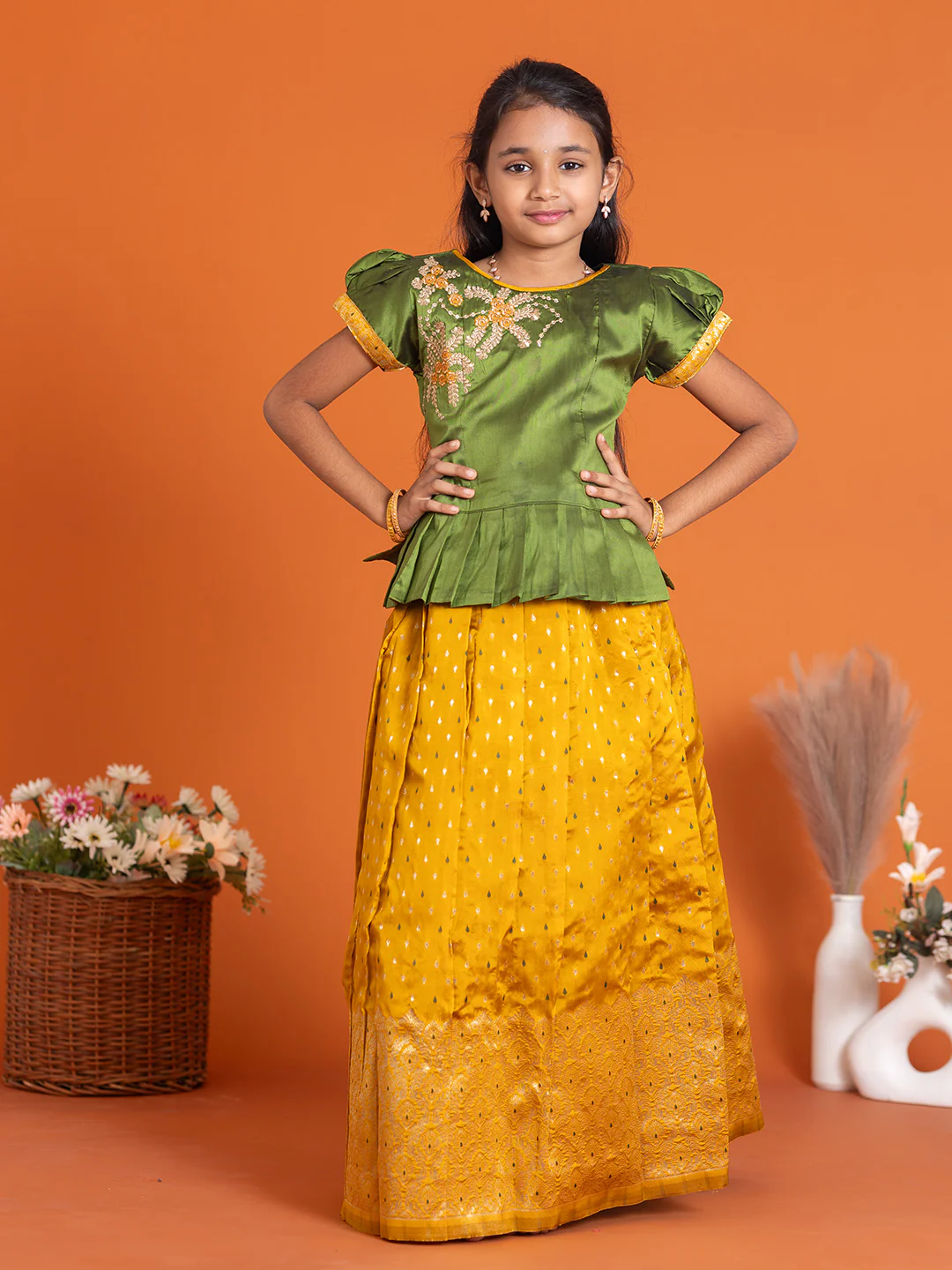 Girls Pattu Pavadai Set Green with Gold Traditional Ethnic Wear GPS28 - Image 8