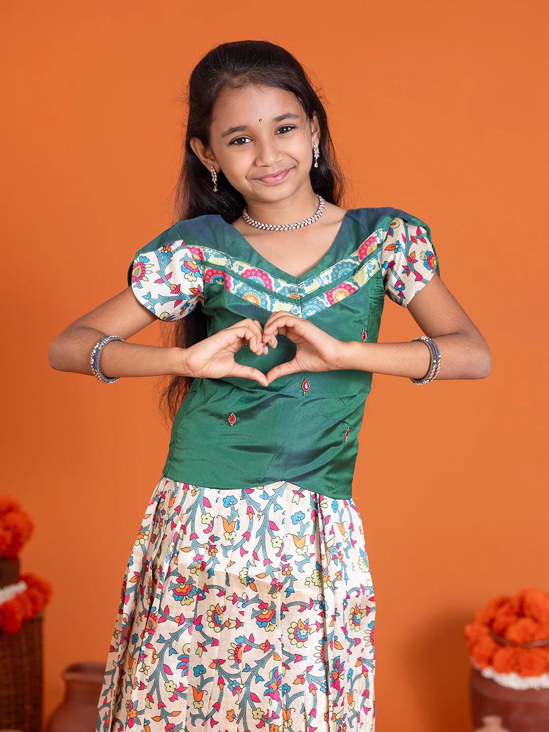 Girls Pattu Pavadai Set Green with Sandal Traditional Ethnic Wear GPS36 - Image 2