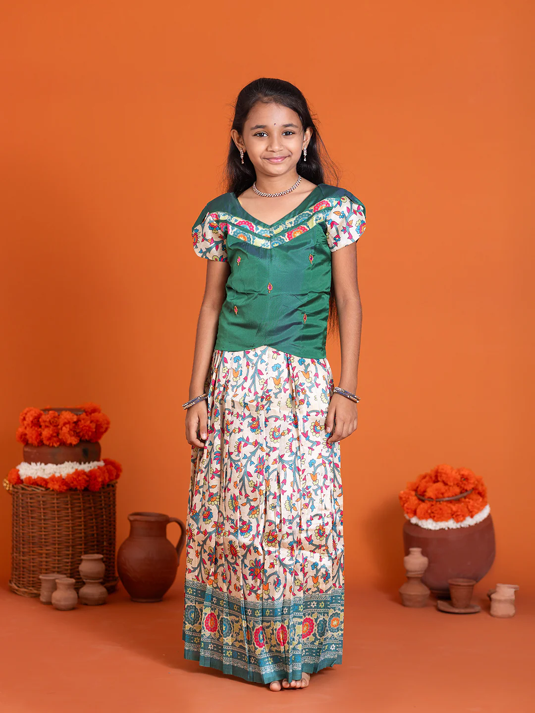 Girls Pattu Pavadai Set Green with Sandal Traditional Ethnic Wear GPS36 - Image 3
