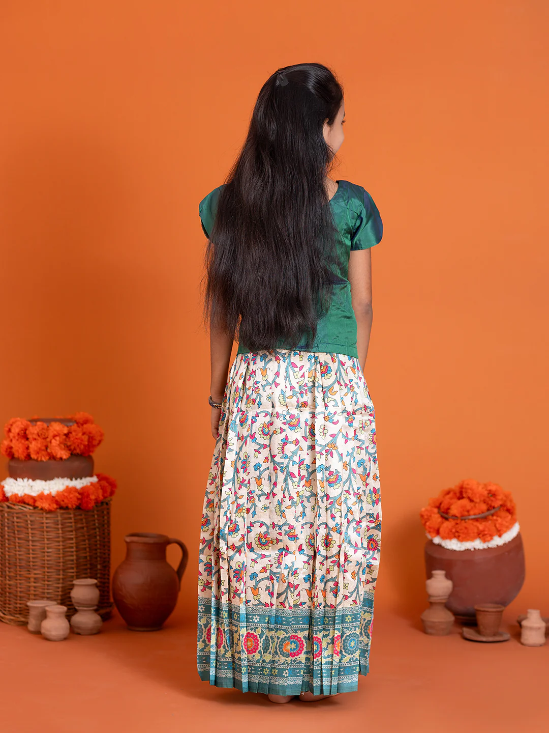 Girls Pattu Pavadai Set Green with Sandal Traditional Ethnic Wear GPS36 - Image 4