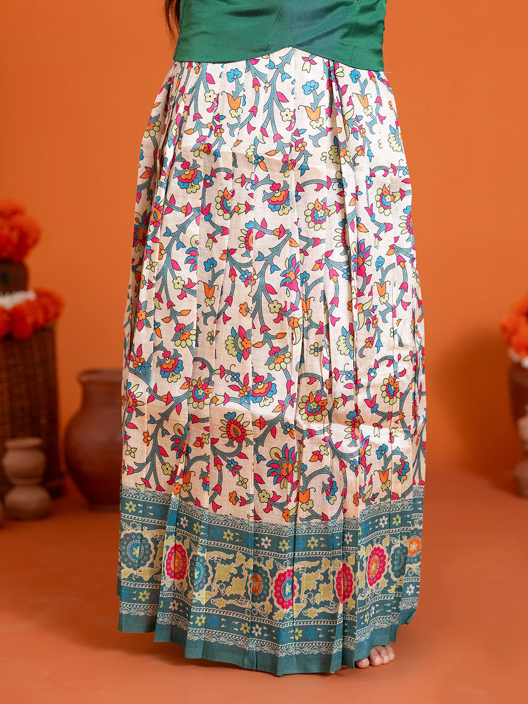 Girls Pattu Pavadai Set Green with Sandal Traditional Ethnic Wear GPS36 - Image 5