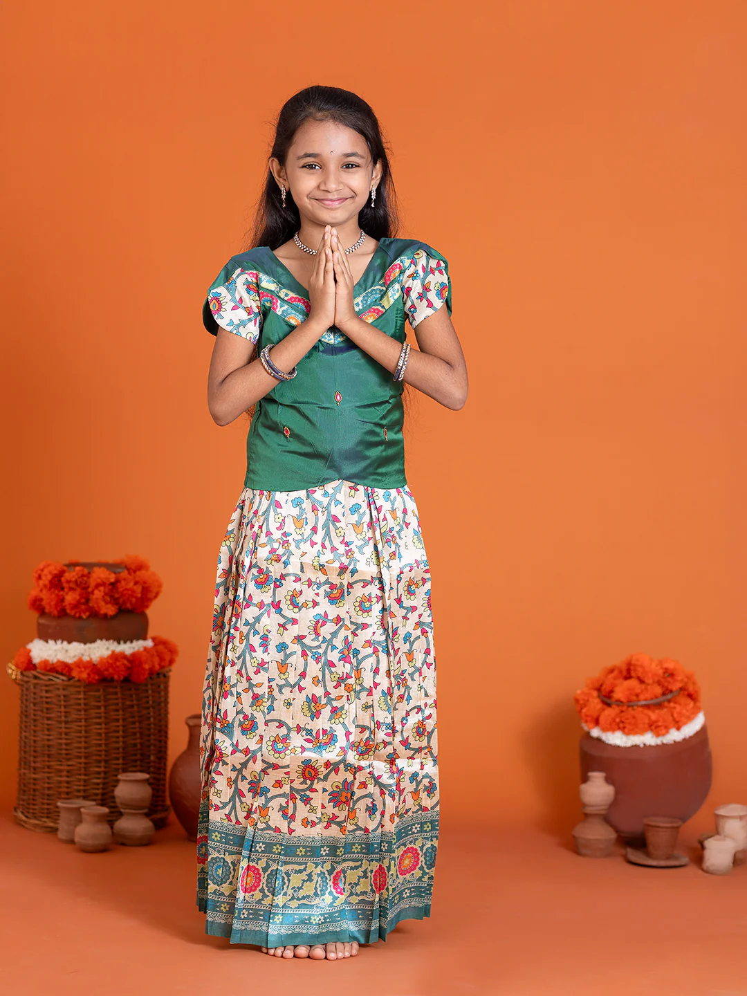 Girls Pattu Pavadai Set Green with Sandal Traditional Ethnic Wear GPS36 - Image 6