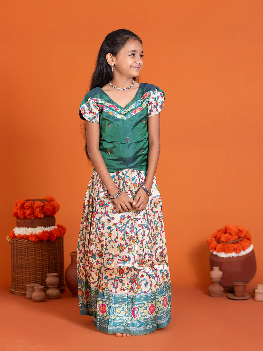 Girls Pattu Pavadai Set Green with Sandal Traditional Ethnic Wear GPS36 - Image 7