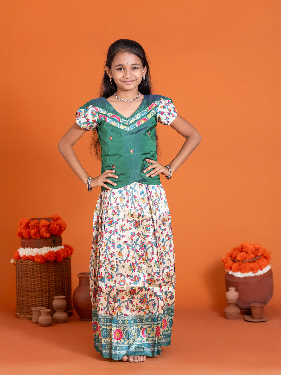 Girls Pattu Pavadai Set Green with Sandal Traditional Ethnic Wear GPS36 - Image 8