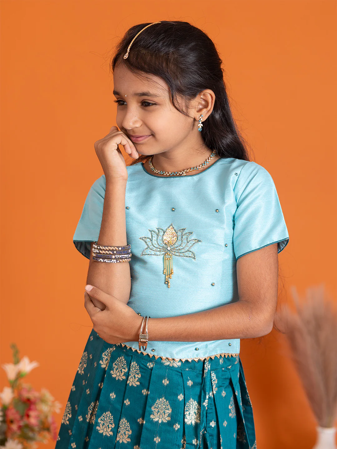 Girls Pattu Pavadai Set Mint Blue with Peacock Blue Traditional Ethnic Wear GPS32 - Image 2