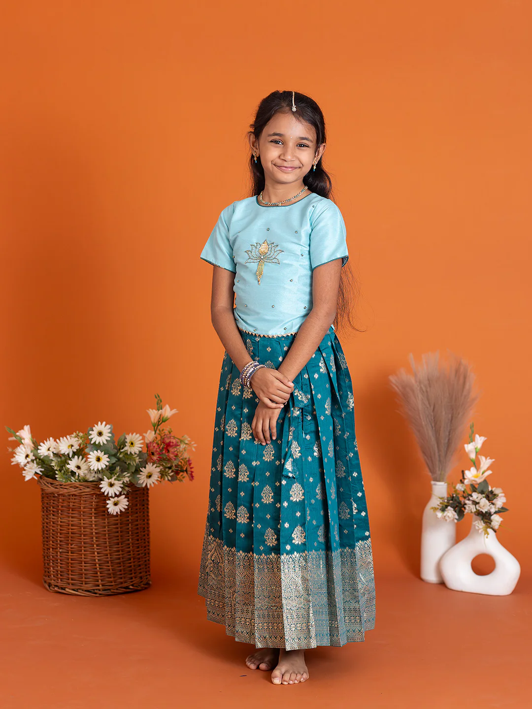 Girls Pattu Pavadai Set Mint Blue with Peacock Blue Traditional Ethnic Wear GPS32 - Image 3