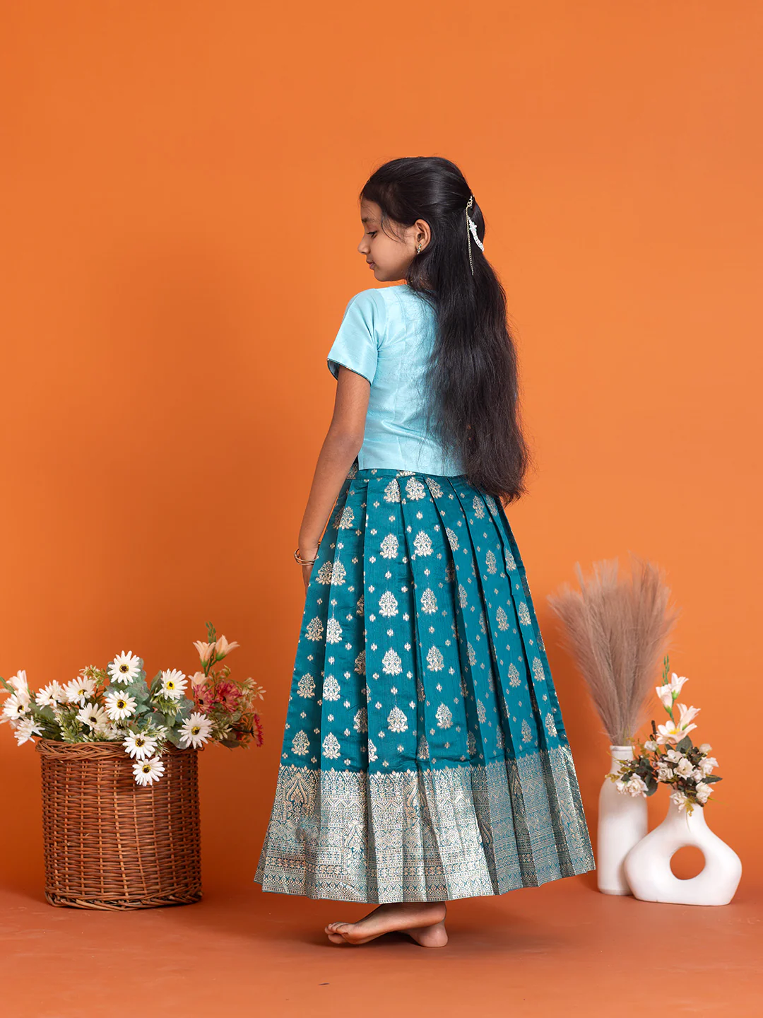 Girls Pattu Pavadai Set Mint Blue with Peacock Blue Traditional Ethnic Wear GPS32 - Image 4