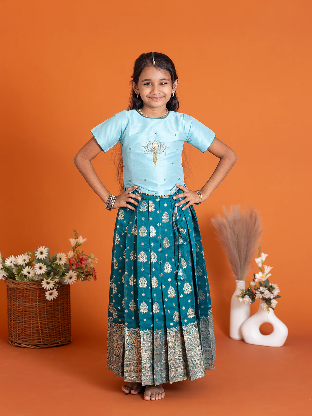 Girls Pattu Pavadai Set Mint Blue with Peacock Blue Traditional Ethnic Wear GPS32 - Image 5