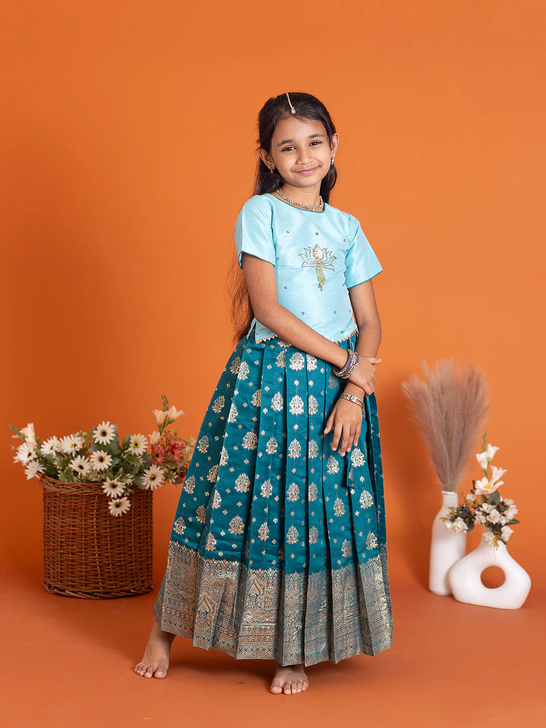 Girls Pattu Pavadai Set Mint Blue with Peacock Blue Traditional Ethnic Wear GPS32 - Image 6