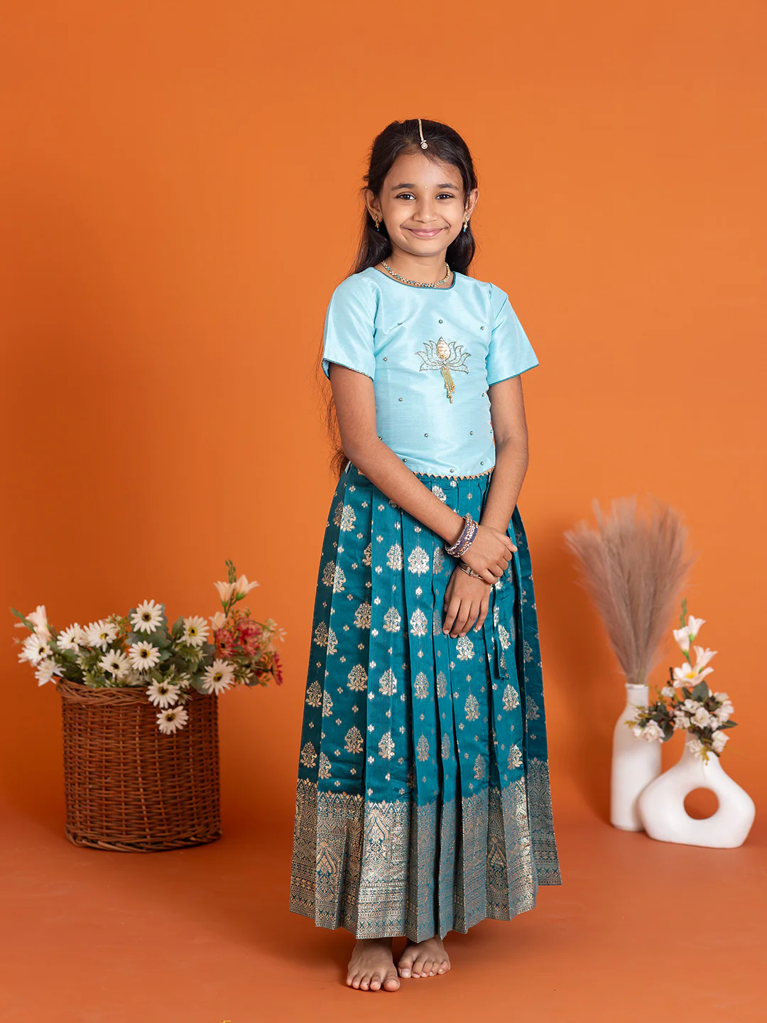 Girls Pattu Pavadai Set Mint Blue with Peacock Blue Traditional Ethnic Wear GPS32 - Image 7