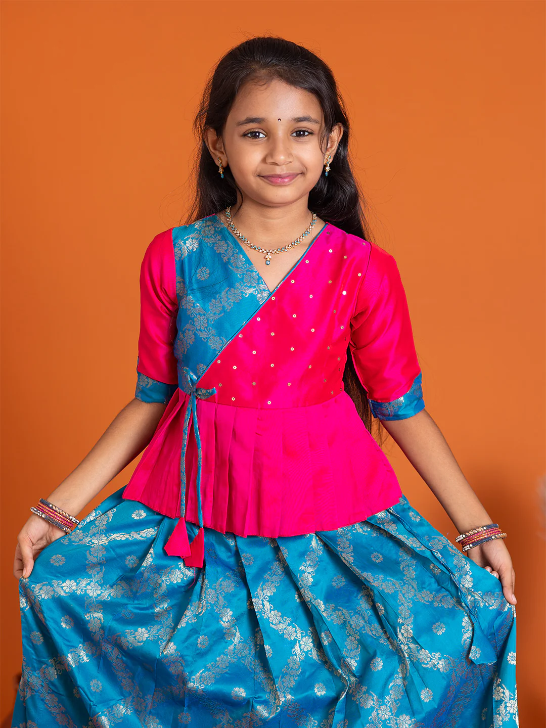 Girls Pattu Pavadai Set Pink with Blue Traditional Ethnic Wear GPS33 - Image 2