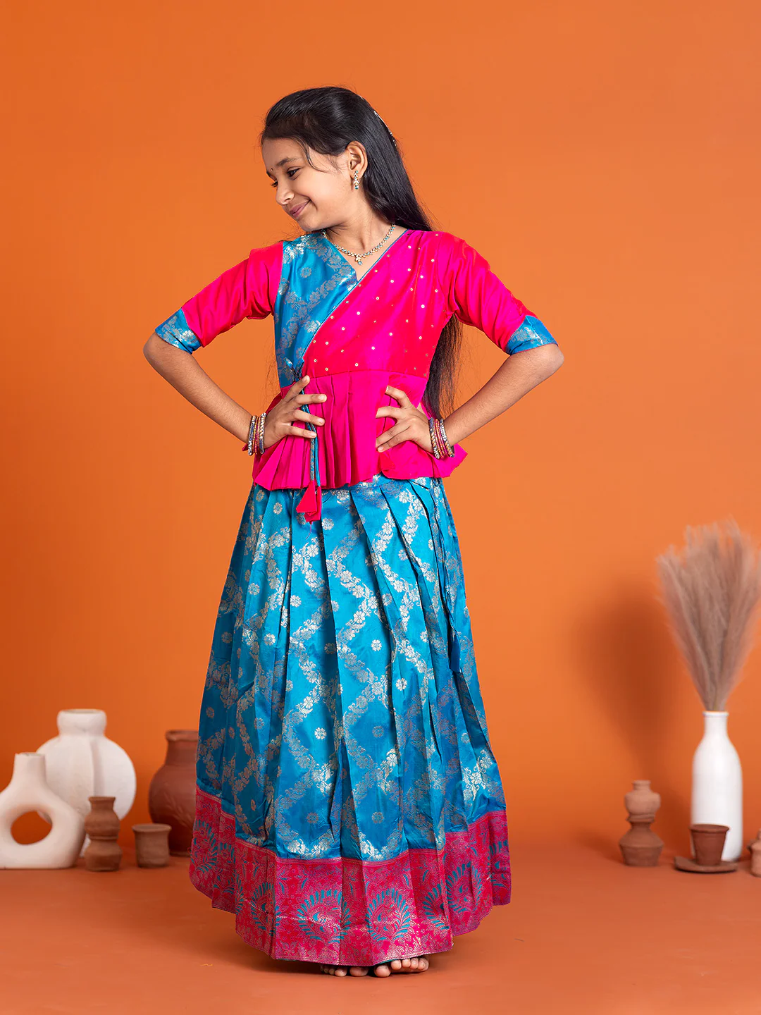 Girls Pattu Pavadai Set Pink with Blue Traditional Ethnic Wear GPS33 - Image 3