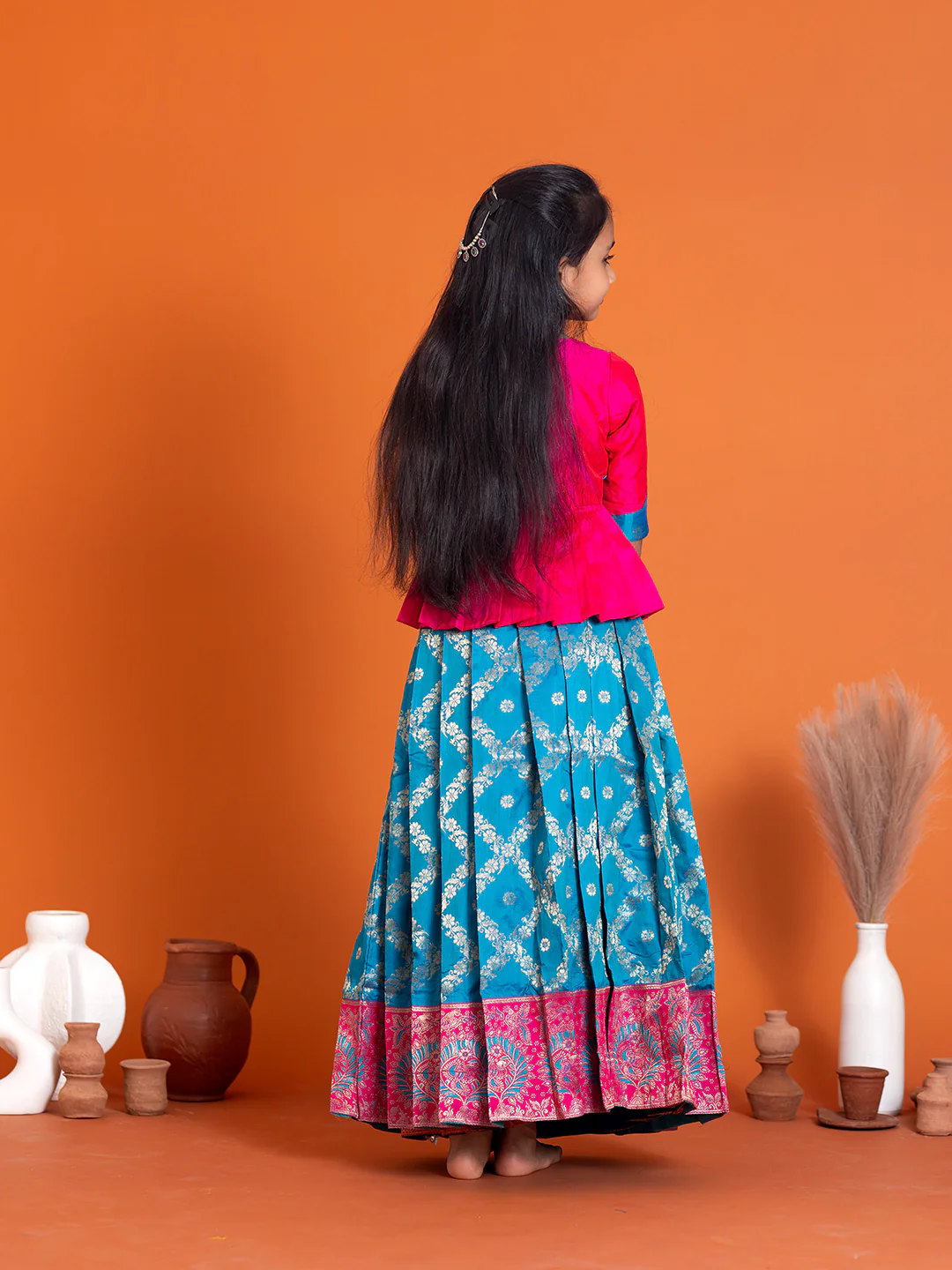 Girls Pattu Pavadai Set Pink with Blue Traditional Ethnic Wear GPS33 - Image 4