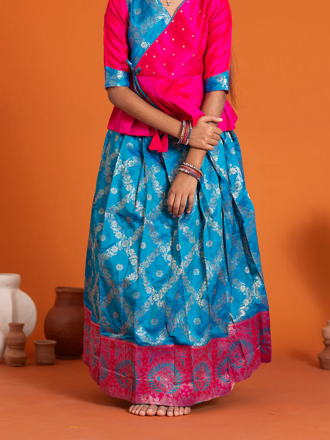 Girls Pattu Pavadai Set Pink with Blue Traditional Ethnic Wear GPS33 - Image 5
