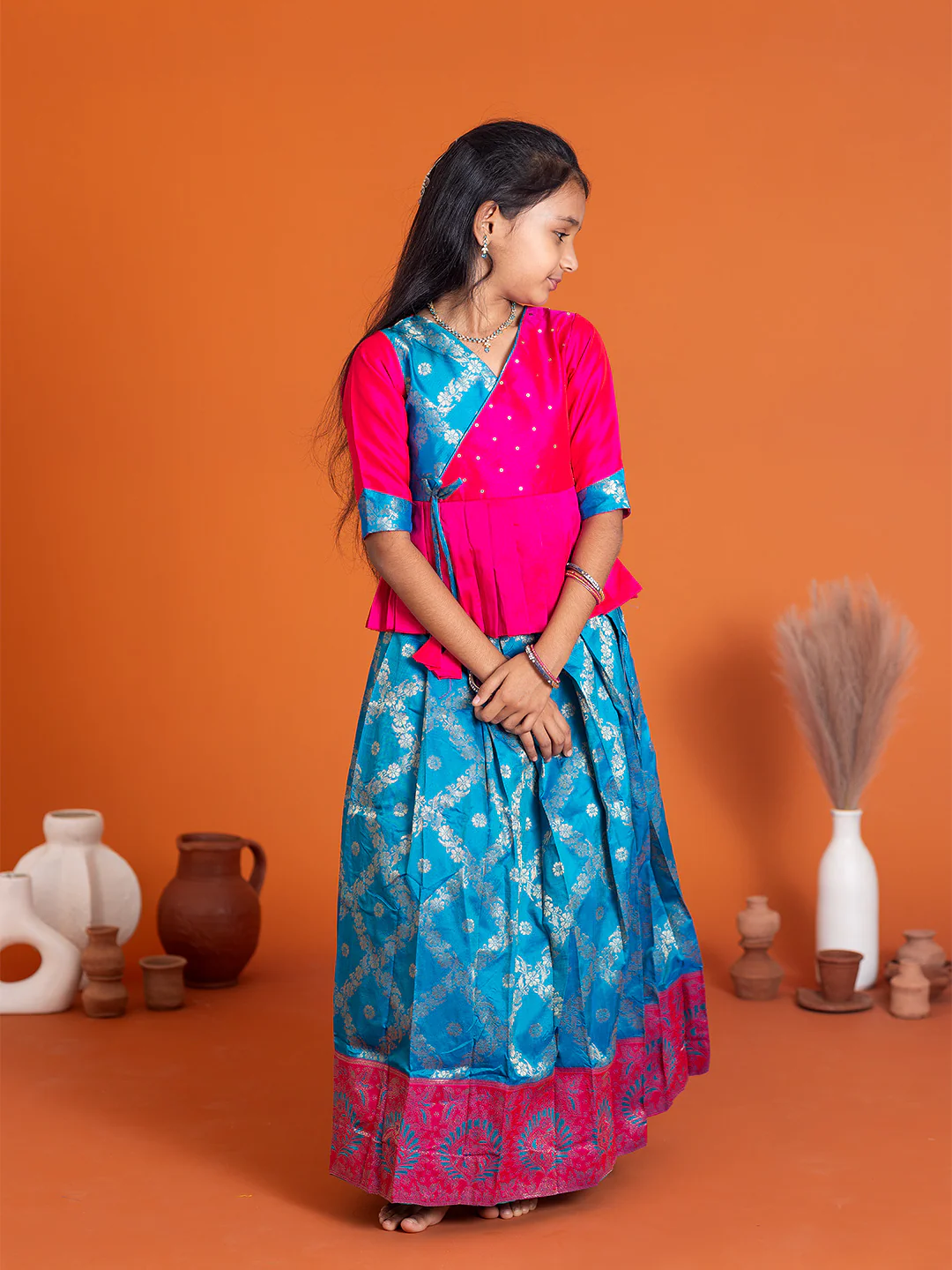 Girls Pattu Pavadai Set Pink with Blue Traditional Ethnic Wear GPS33 - Image 6