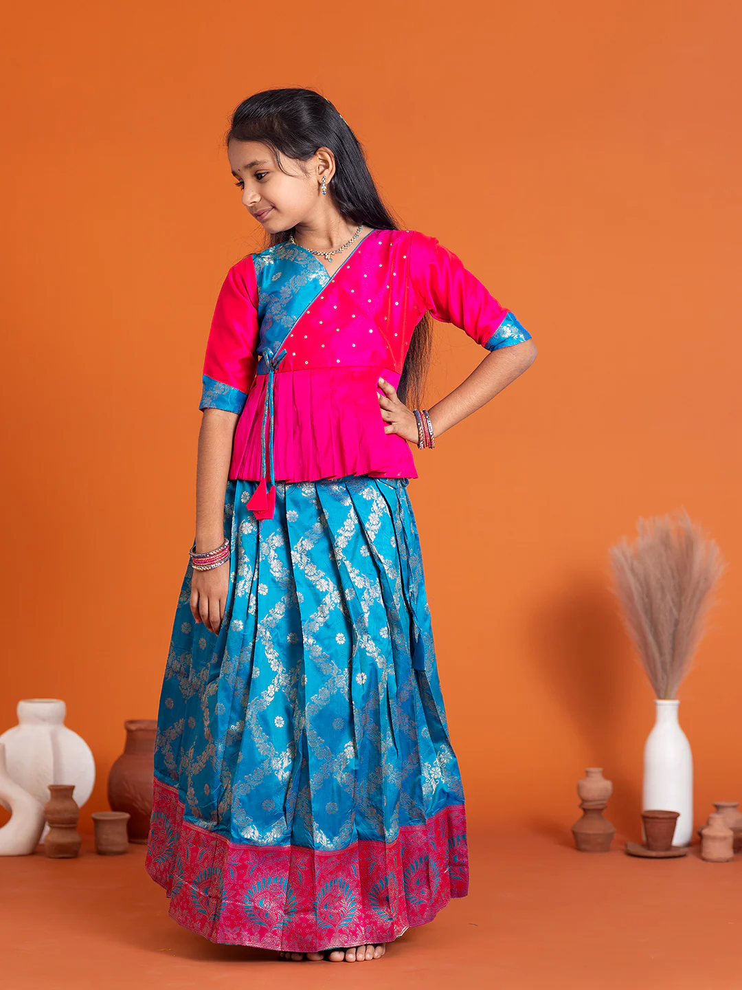 Girls Pattu Pavadai Set Pink with Blue Traditional Ethnic Wear GPS33 - Image 7
