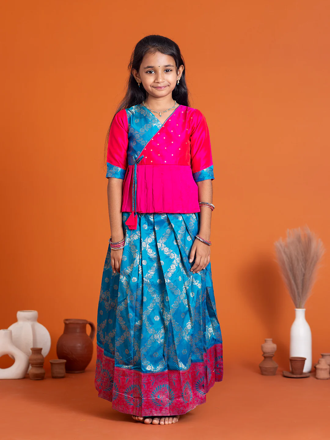 Girls Pattu Pavadai Set Pink with Blue Traditional Ethnic Wear GPS33 - Image 8