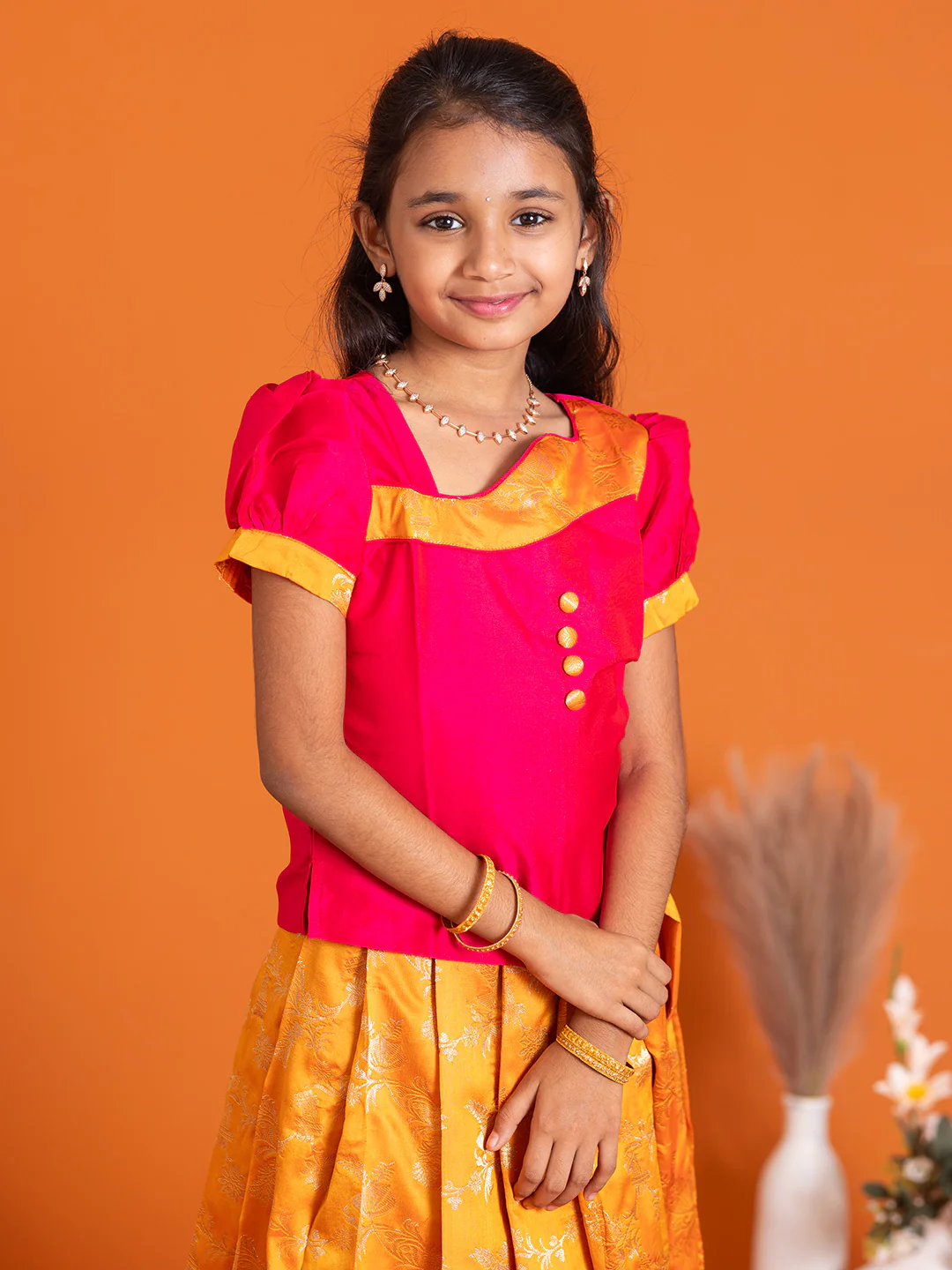 Girls Pattu Pavadai Set Pink with Orange Traditional Ethnic Wear GPS39 - Image 2