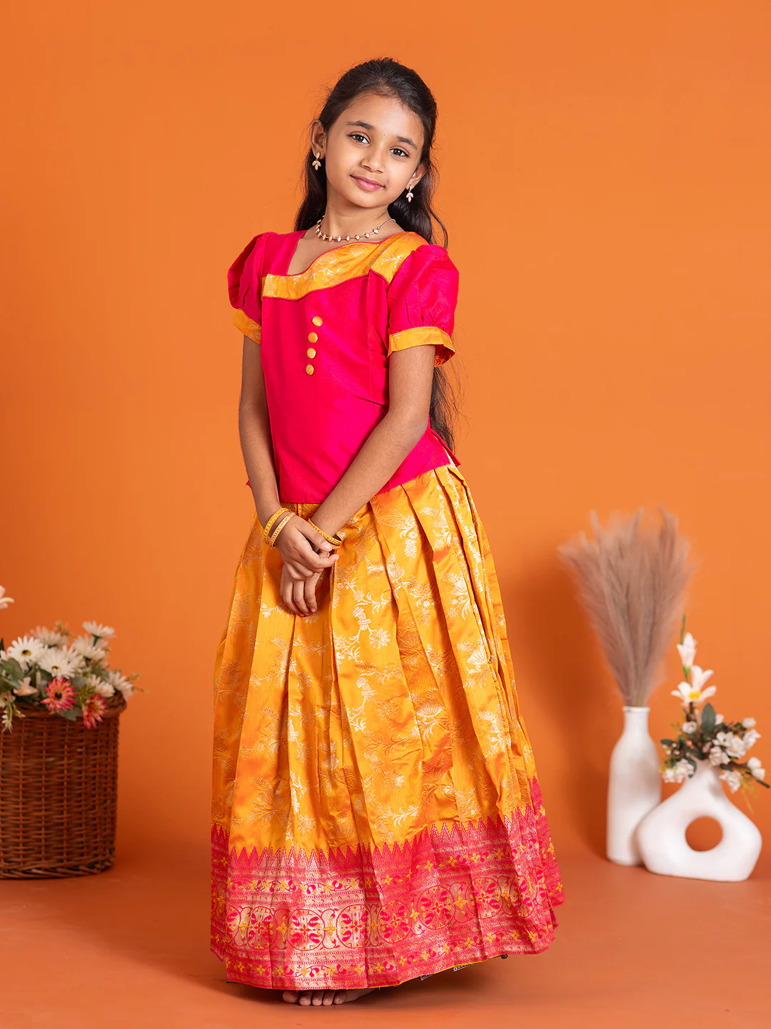 Girls Pattu Pavadai Set Pink with Orange Traditional Ethnic Wear GPS39 - Image 3