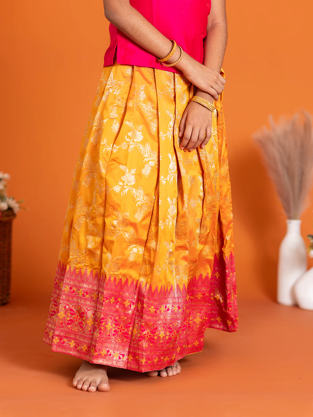 Girls Pattu Pavadai Set Pink with Orange Traditional Ethnic Wear GPS39 - Image 4