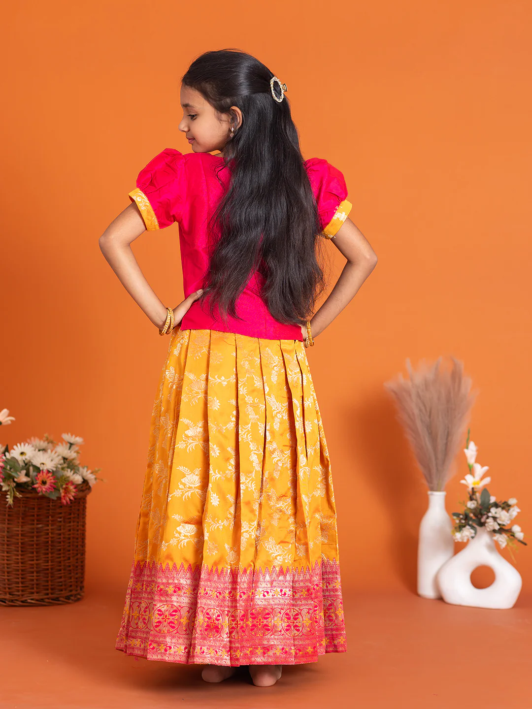 Girls Pattu Pavadai Set Pink with Orange Traditional Ethnic Wear GPS39 - Image 5